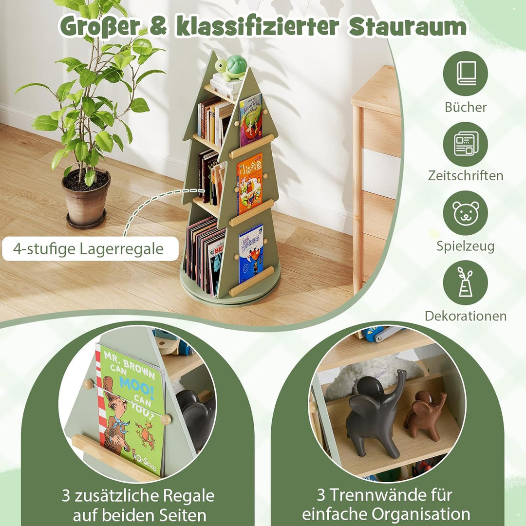 COSTWAY Kinderbücherregal 360° drehbar, Kinder Bücherkarussell 4 Ebenen in Baumform, Ø48 x 102 cm fr