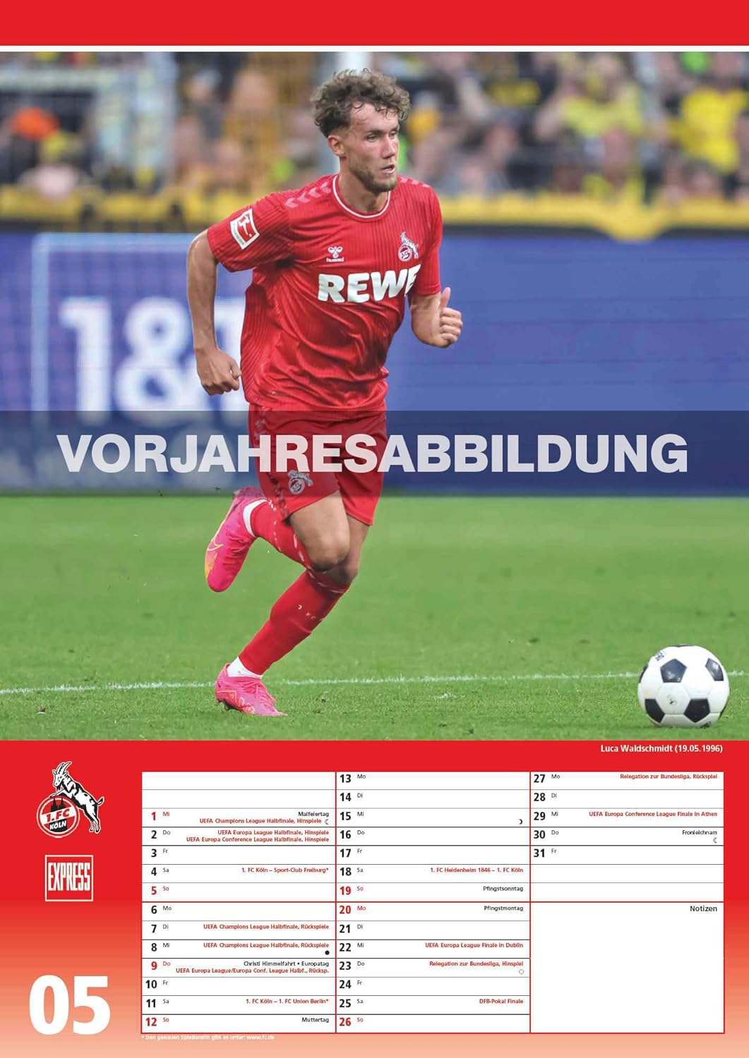 DUMONT - 1. FC Köln 2025 Fussball-Kalender, 29,7x42cm, Express-Fankalender mit Abbildungen der Spiel