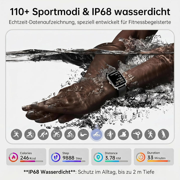 Smartwatch Herren Damen, 1.85" Smart Watch mit Telefonfunktion, Fitnessuhr mit Pulsuhr Schlafmonitor