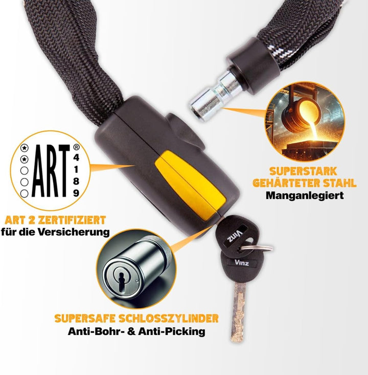 VINZ Veymont Kettenschloss ø8,3mm | Fahrradschloss ART 2 Zertifikat | Schloss für Fahrrad E-bike Kun
