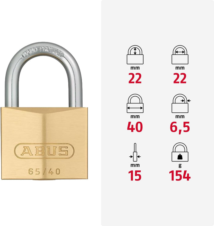 Abus - 65IB/40 40mm Messing Vorhängeschloss Edelstahl Schäkel LS 63 Carded - ... 40mm single Bügelhö