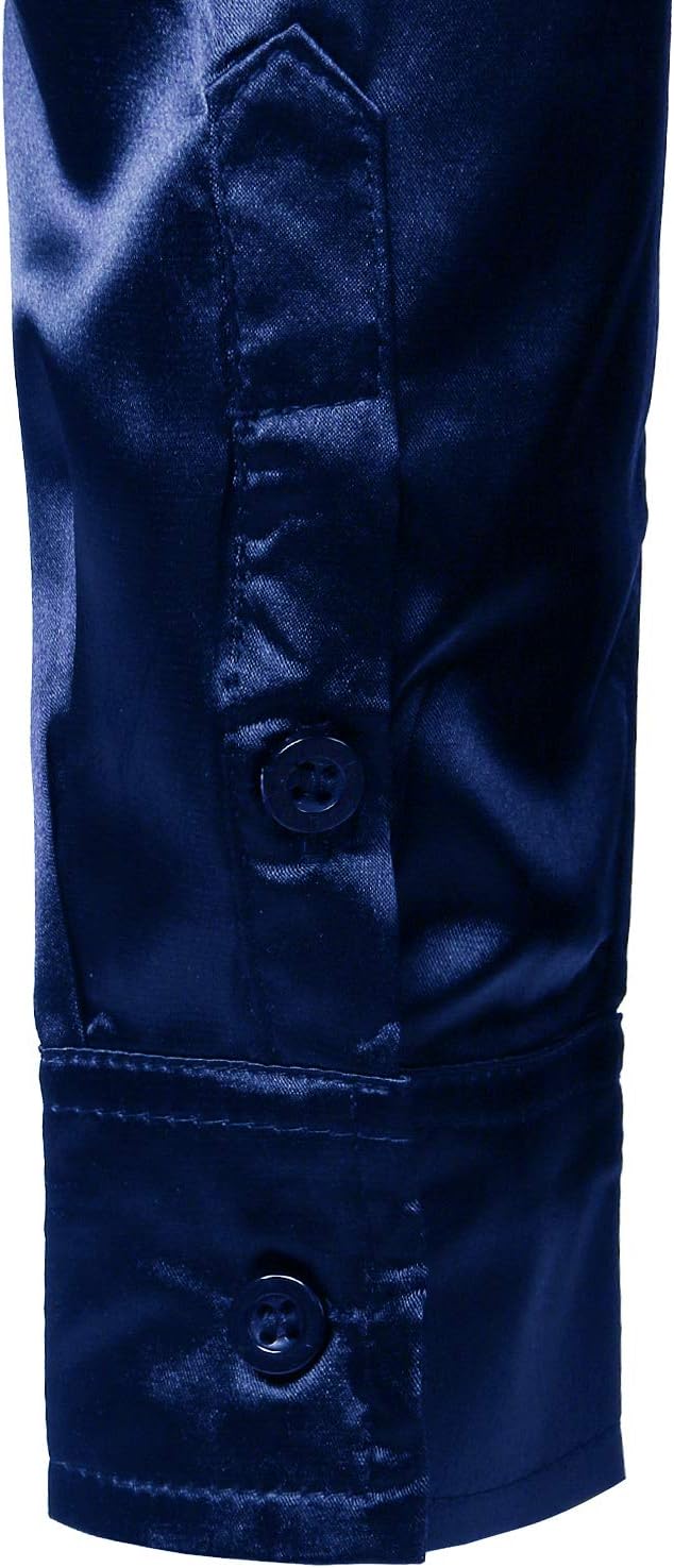 PARKLEES Herren Glänzend Slim Fit Satin Langarmhemd Frezeit Business Hemd für Party Nachtclub S Navy