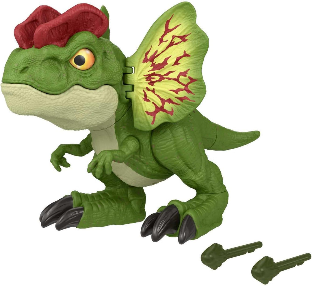 JURASSIC WORLD Dilophosaurus - Dinosaurierspielzeug mit Geräuschen und Pfeilen für wilden Kampfspass