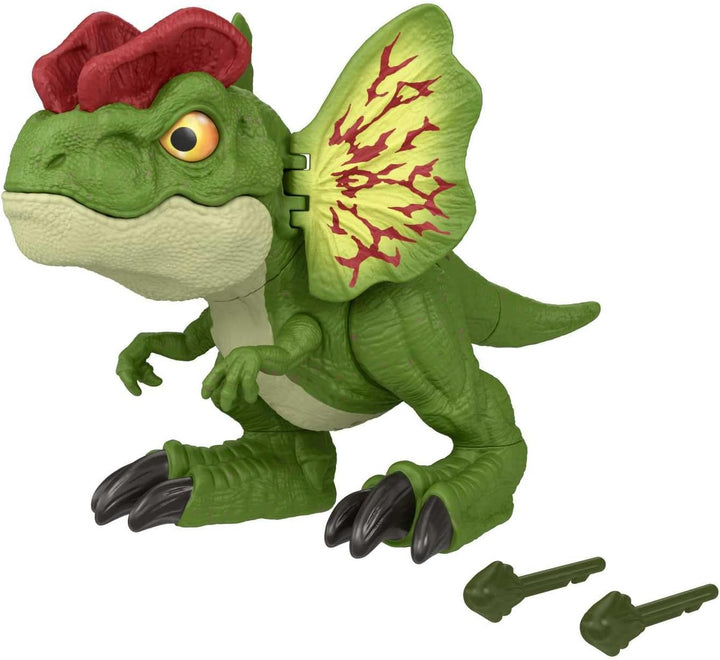 JURASSIC WORLD Dilophosaurus - Dinosaurierspielzeug mit Geräuschen und Pfeilen für wilden Kampfspass