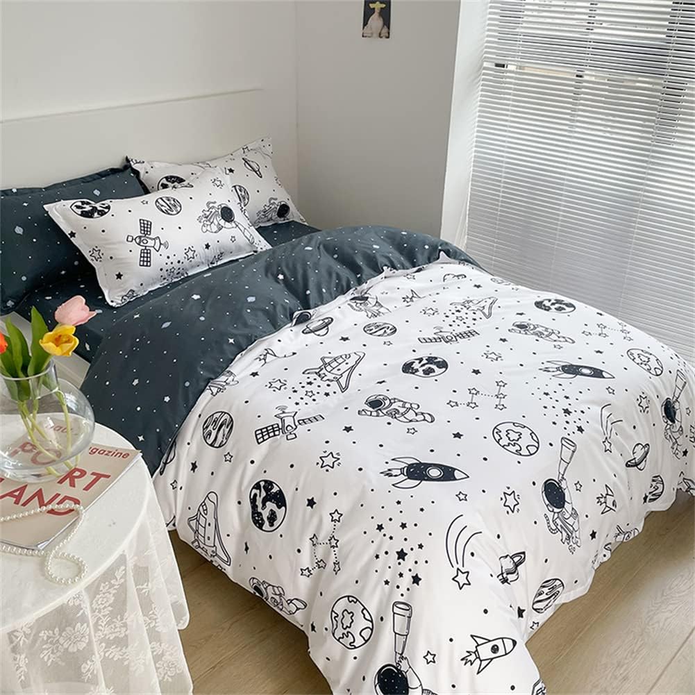 Koudi Bettwäsche Kinder 100x135 Weltraum Kinderbettwäsche Jungen Weiss Schwarz Rakete Sterne Planete