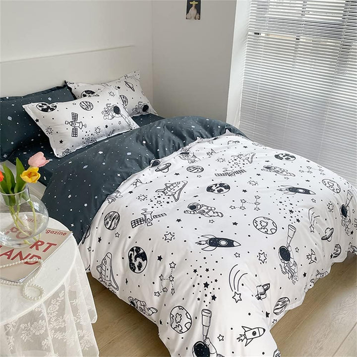 Koudi Bettwäsche Kinder 100x135 Weltraum Kinderbettwäsche Jungen Weiss Schwarz Rakete Sterne Planete
