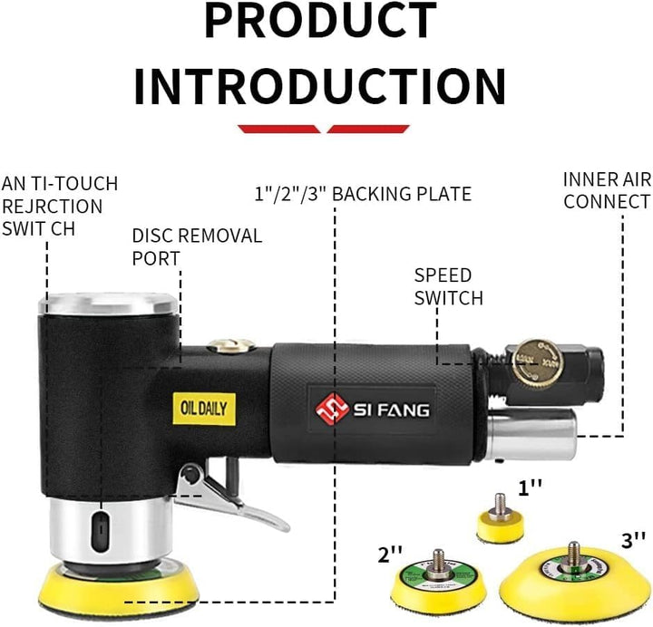SI FANG 25/50/75mm Mini Poliermaschine Druckluft Exzenterschleifer, Mit 60tlg Mix Grit Schleifpapier
