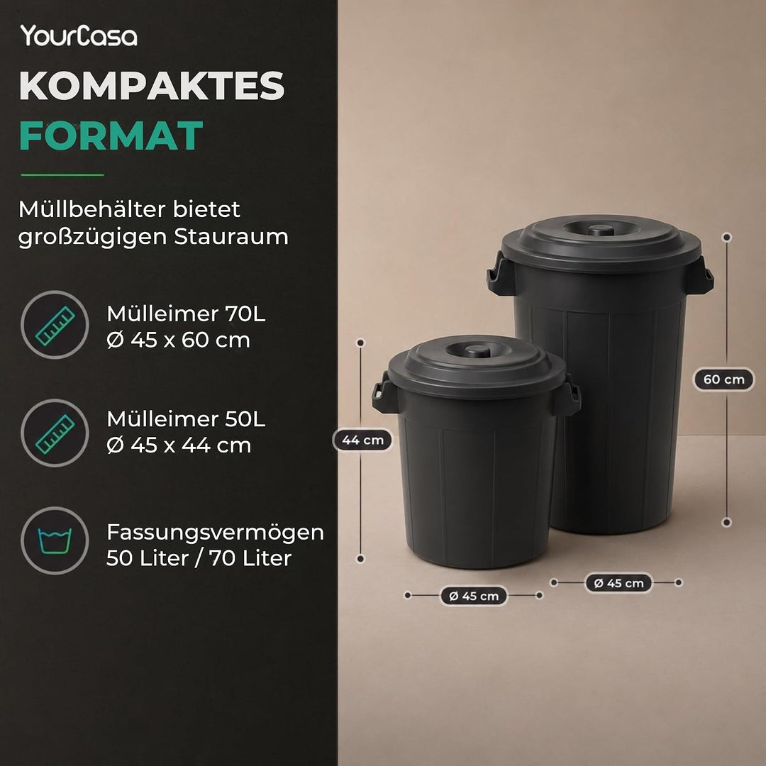 YourCasa Mülltonne 50L - Mülleimer mit Deckel verschliessbar - Tonne mit Trageriffen für Garten - Fu