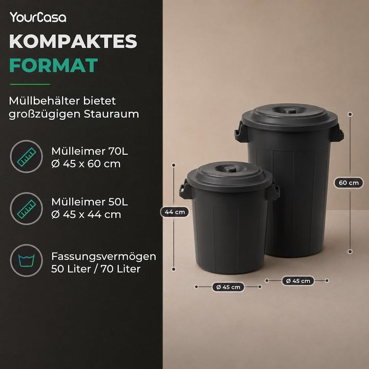 YourCasa Mülltonne 50L - Mülleimer mit Deckel verschliessbar - Tonne mit Trageriffen für Garten - Fu