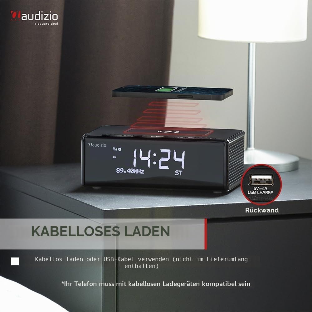 Audizio Cuneo Radio Wecker, Uhr-Radio DAB+ mit kabellosem Laden - Kristallklarer Sound und praktisch