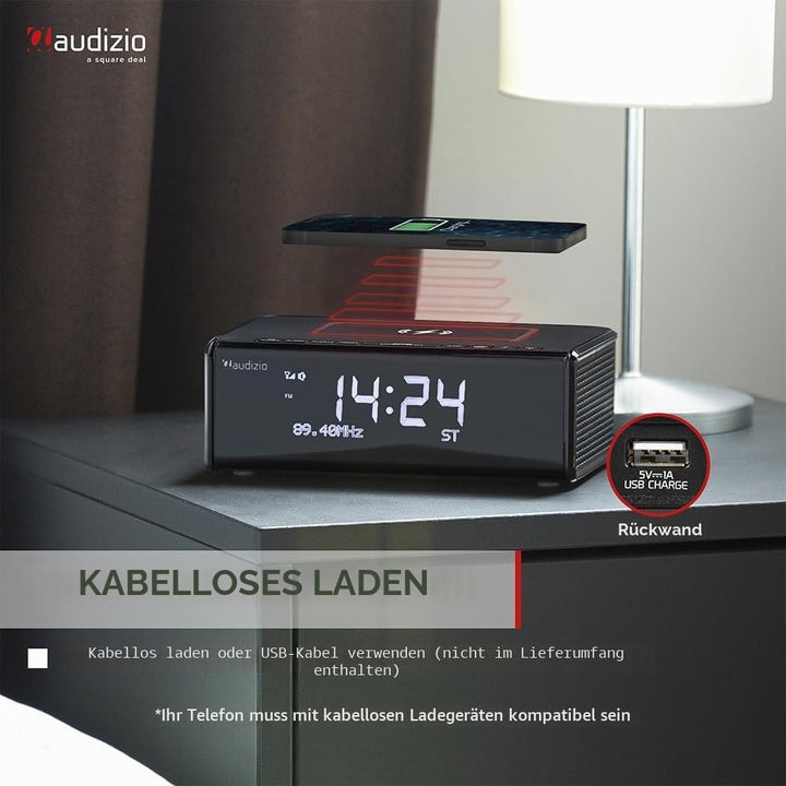 Audizio Cuneo Radio Wecker, Uhr-Radio DAB+ mit kabellosem Laden - Kristallklarer Sound und praktisch