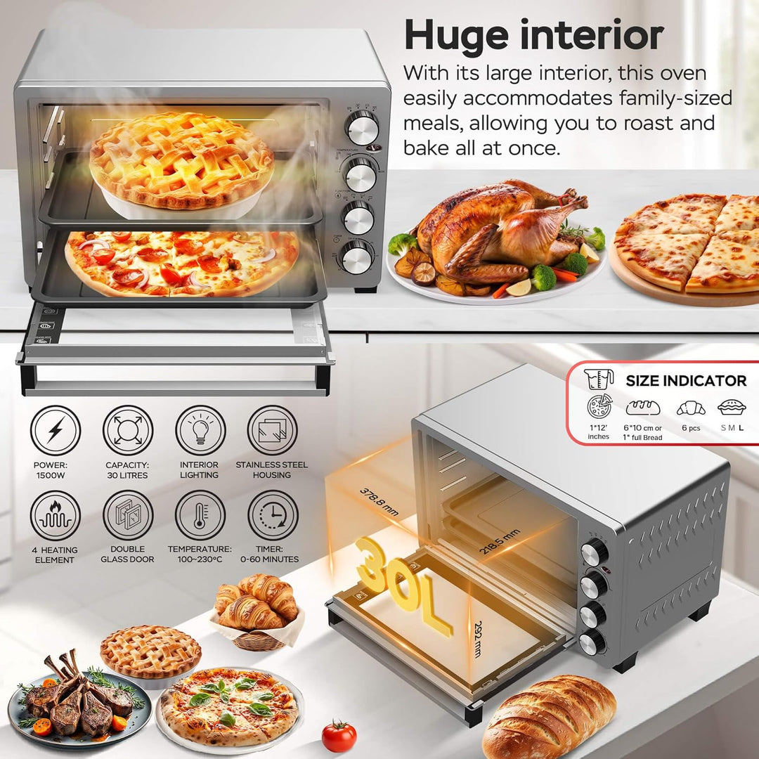 TurboTronic 30 L Elektrobackofen mit Grill, Umluft, Drehspiess & Timer | Kompakter Tischbackofen aus