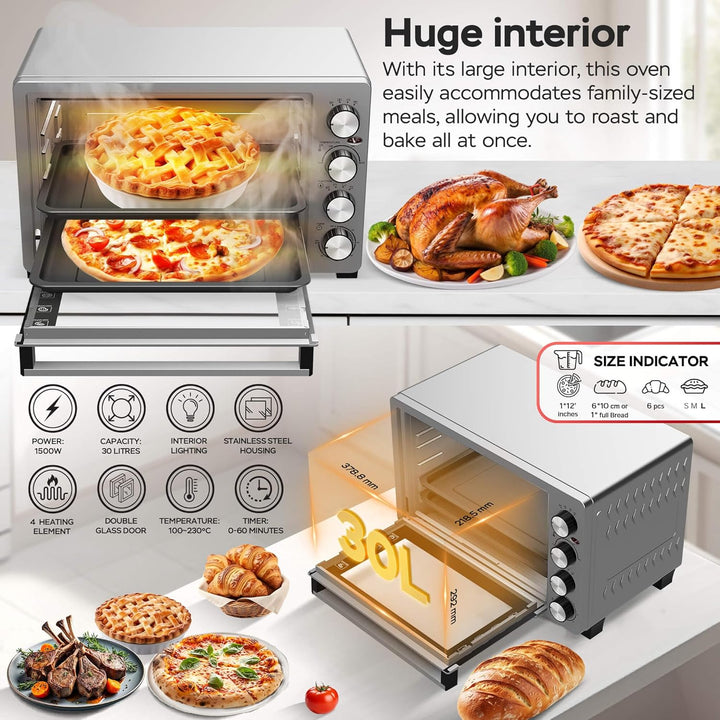 TurboTronic 30 L Elektrobackofen mit Grill, Umluft, Drehspiess & Timer | Kompakter Tischbackofen aus