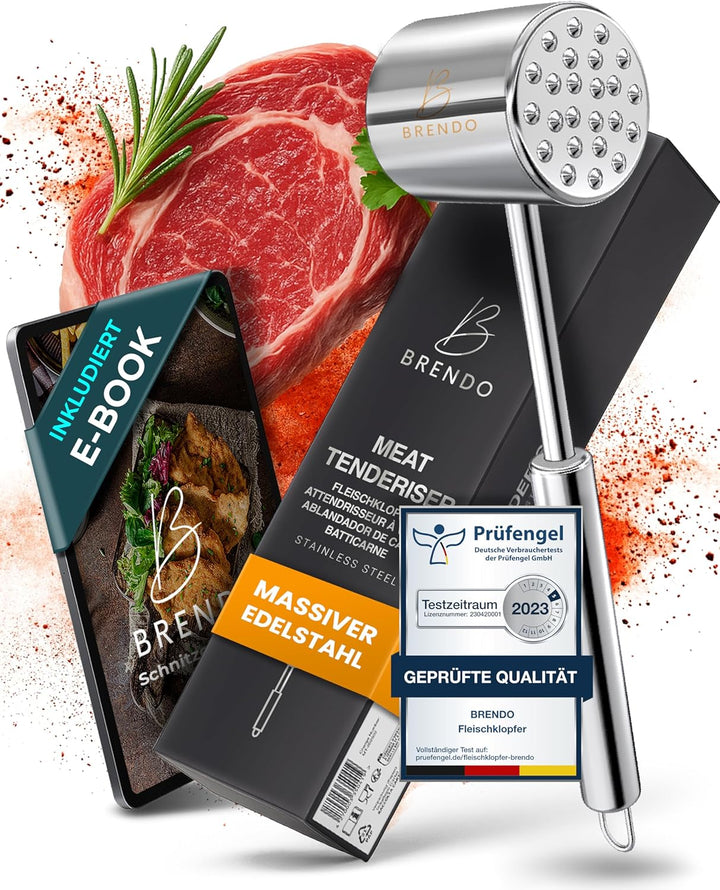 Brendo Edelstahl Fleischklopfer - Ideal für alle Fleischsorten mit Flacher & zackiger Schlagfläche I