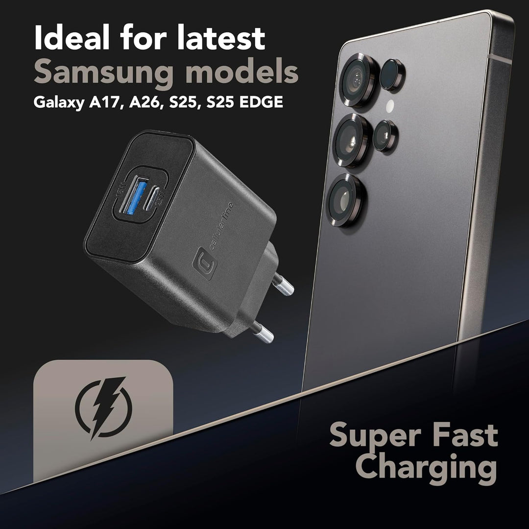 Cellularline | Netzwerk-Ladegerät | USB- und USB-C-Ladegerät mit 2 Anschlüssen und 25-W-Super-Fast-C