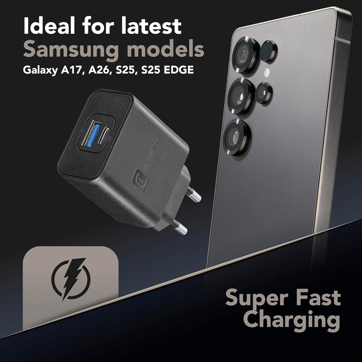 Cellularline | Netzwerk-Ladegerät | USB- und USB-C-Ladegerät mit 2 Anschlüssen und 25-W-Super-Fast-C