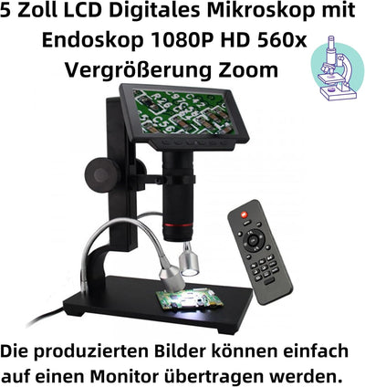 A57D 5 Zoll LED Digital Mikroskop – 12MP HD-Sensor, 1080P Full HD über HDMI, 720P über PC, USB Endos