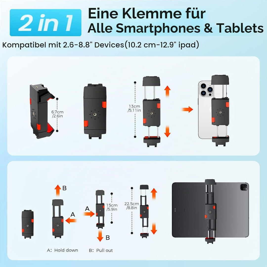 MACTREM 170 cm Aluminium Handy Stativ, Kamera Stativ für Smartphone iPad iPhone Tablet mit 2-in-1 Ha
