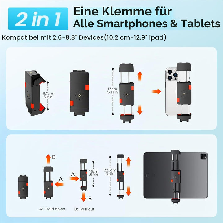 MACTREM 170 cm Aluminium Handy Stativ, Kamera Stativ für Smartphone iPad iPhone Tablet mit 2-in-1 Ha