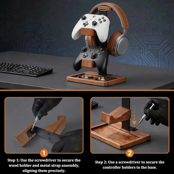 Acidea Massivholz-Controller-Halter und Headset-Ständer, Dual-Gaming-Controller-Ständer, Spielausrüs