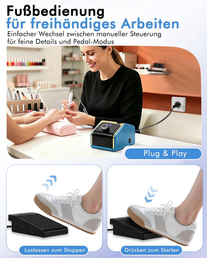 CozyZen Elektrische Nagelfräsmaschine 35.000 U/min Profi-Set | Mit LCD-Display, Hand- & Fusspedal, l
