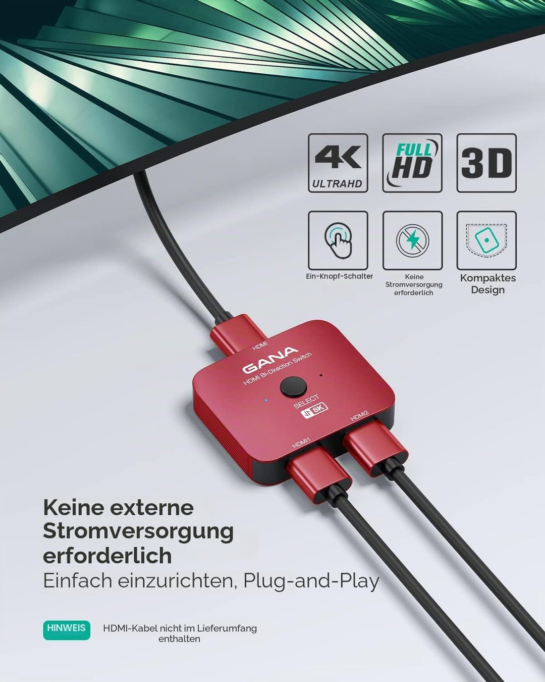 HDMI 2.1 Switch, GANA 8K HDMI Switcher Splitter 2 in 1 Out, unterstützt 4K @ 120Hz, 8K @ 60Hz, High