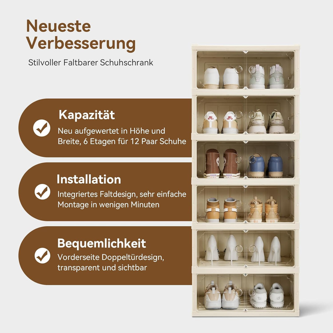 Schuhboxen Stapelbar Transparent, 6 Etagen Faltbarer Schuhschrank für 12 Schuhe Kunststoff Schuhaufb