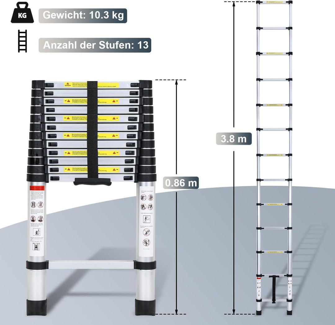 Fiqops 3,8 M Teleskopleiter, Rutschfester Aluminium Stehleiter 150 kg/330 Pfund, Belastbarkeit Auszi