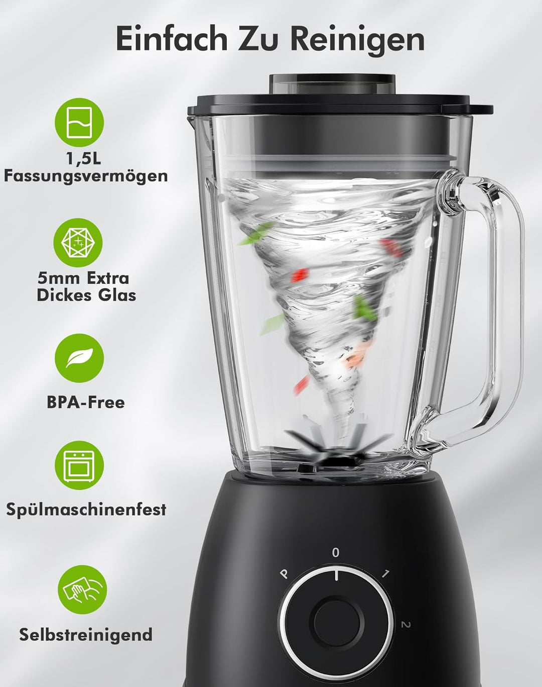 Mixer, Smoothie Maker, Standmixer, 1500 Watt Hochgeschwindigkeits Mixer Smoothie Maker mit 1,5L Glas