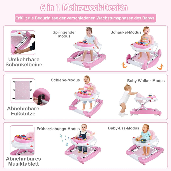 DREAMADE 6-in-1 Lauflernhilfe, Höhenverstellbar Baby Walker mit Musik & Abnehmbarem Sitz, Lauflernwa
