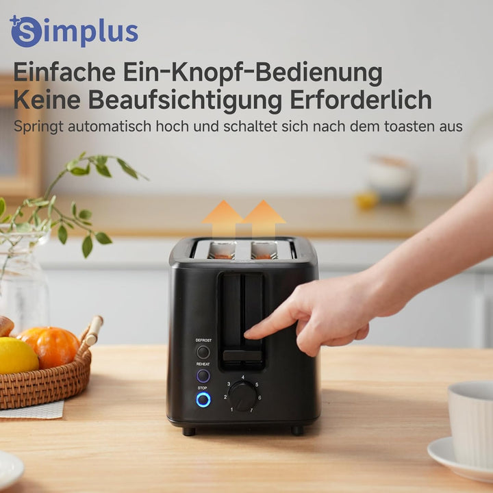 SIMPLUS Toaster 2 Toastschlitze, 7 Bräunungsstufen, Auftau- & Aufwärmfunktion, Brötchenaufsatz, extr
