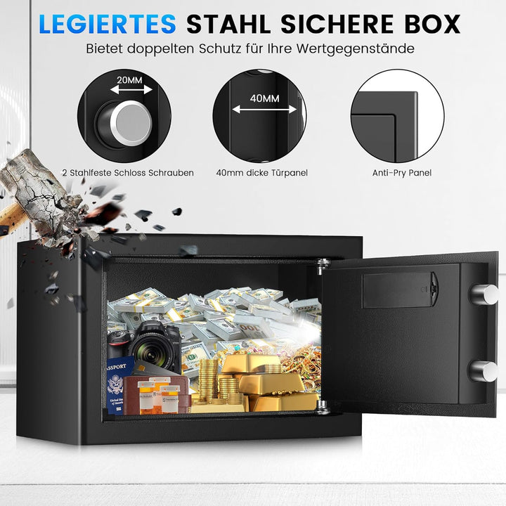 20L Safe Tresor für Zuhause, Stahl Safe mit Ersatzschlüssel, Abnehmbarem Regal und Alarmanlage, Klei