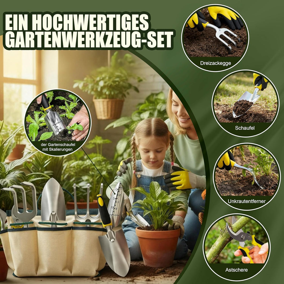 QRD Gartengeräte Set 8 in 1 Gartenwerkzeug mit Aufbewahrungstasche Gartenschaufel mit Gummigriff Gar
