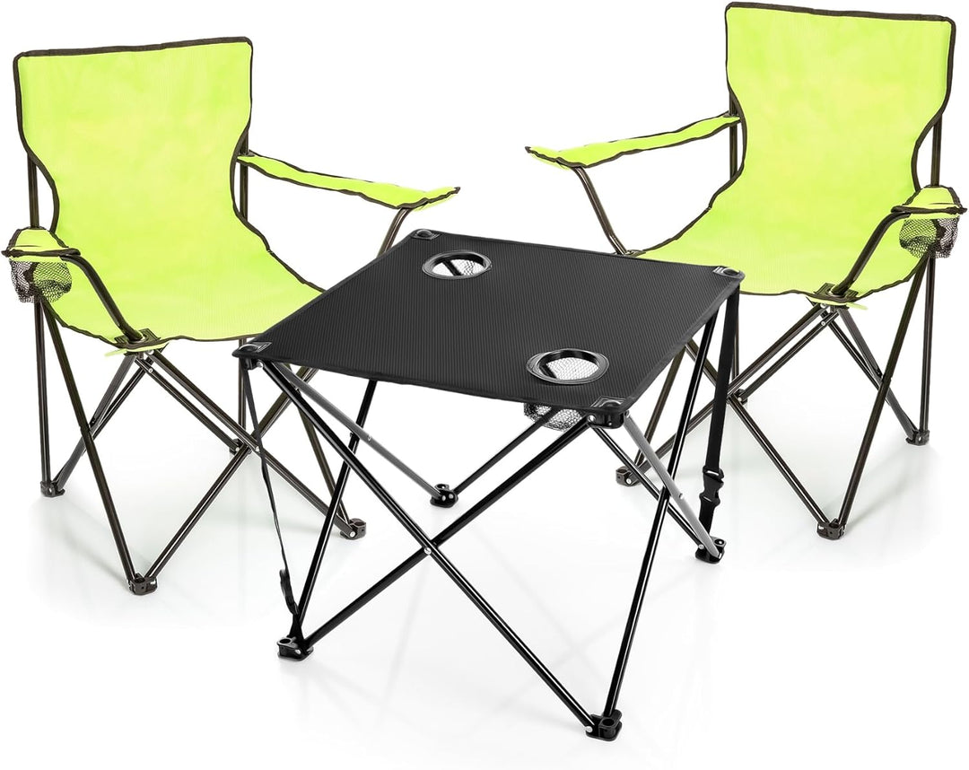 BigDean 2 Stück Campingstuhl mit Campingtisch faltbar – Faltstuhl in Neon Grün mit Getränkehalter &