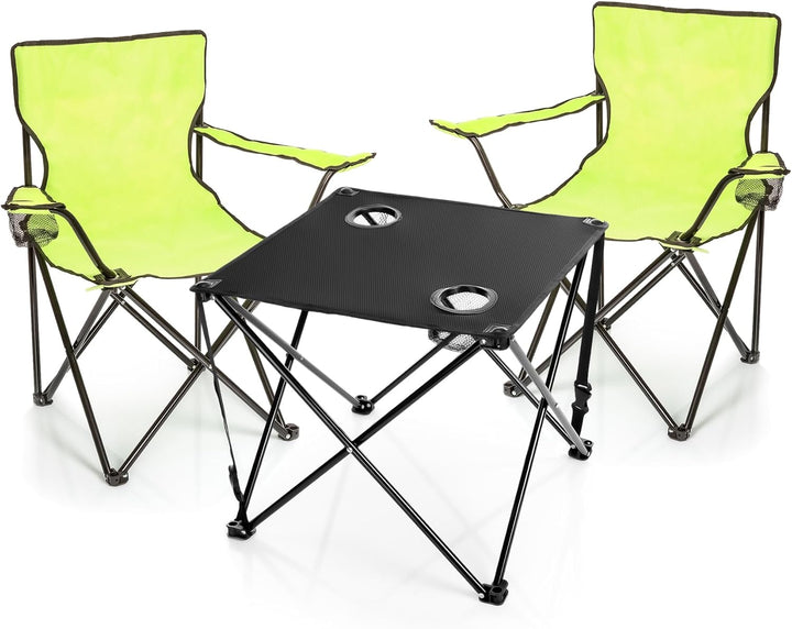 BigDean 2 Stück Campingstuhl mit Campingtisch faltbar – Faltstuhl in Neon Grün mit Getränkehalter &