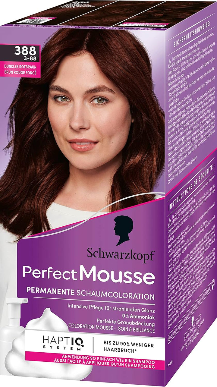 Schwarzkopf Perfect Mousse Permanente Schaumcoloration 388/3-88 Dunkles Rotbraun (3x93 ml), Haarfarb