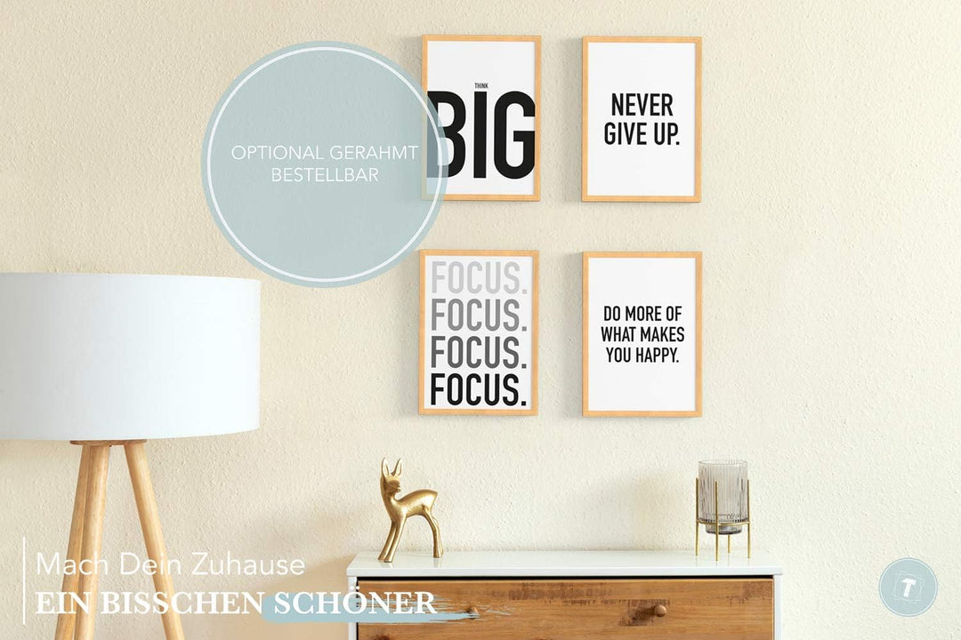 Papierschmiede® Premium Spruchposter Set 4er 50x70 cm (B2), Motiv: Think Big, Focus Leistung Motivat