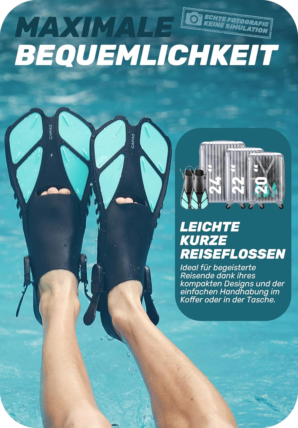 CAPAS Schnorchelflossen, Schwimmflossen Reisegrösse Kurz Einstellbar zum Schnorcheln Tauchen Erwachs