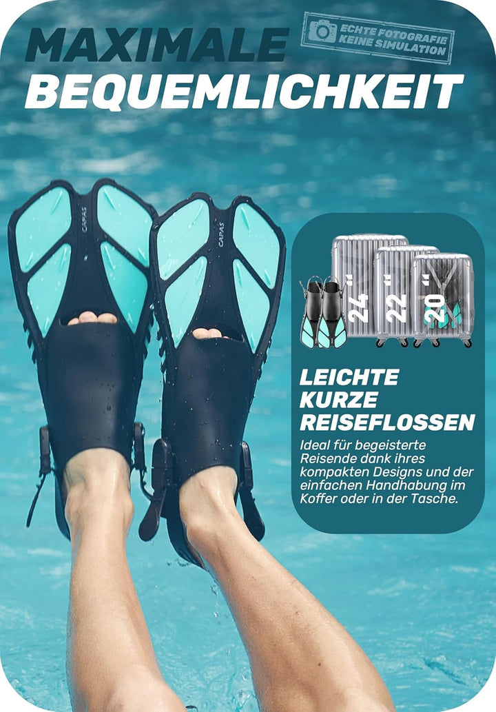 CAPAS Schnorchelflossen, Schwimmflossen Reisegrösse Kurz Einstellbar zum Schnorcheln Tauchen Erwachs