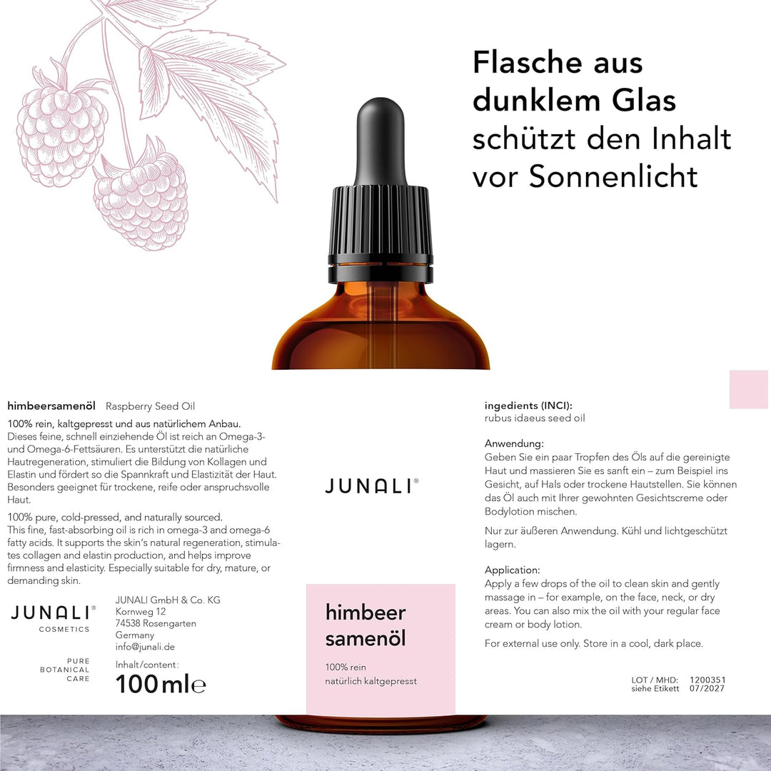 Himbeersamenöl – 100% rein & kaltgepresst – Natürliches Pflegeöl für Gesicht, Haare & Körper von JUN