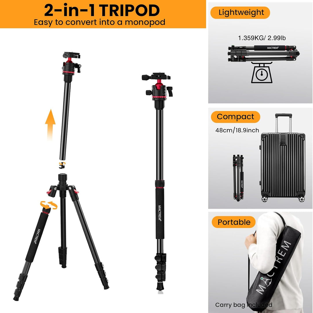 MACTREM Kamerastativ, 74 Zoll/187cm Aluminium Reisestativ & Einbeinstativ mit 360°Kugelkopf, leichte