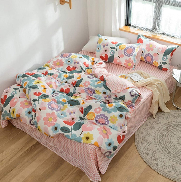 GETIYA Mädchen Bettwäsche 135x200 Cartoon Blumen Bettwäsche Rosa Kinder Bettwäsche Set 2 Teilig Natu