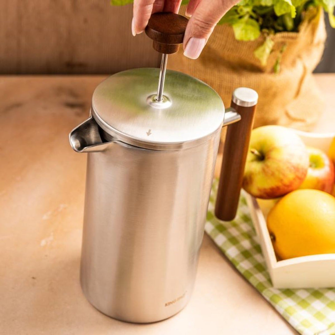 KINGHoff French Press 1 Liter, Edelstahl 304, Doppelwandig, Holzgriff, Thermodruck, Edelstahl, Mikro
