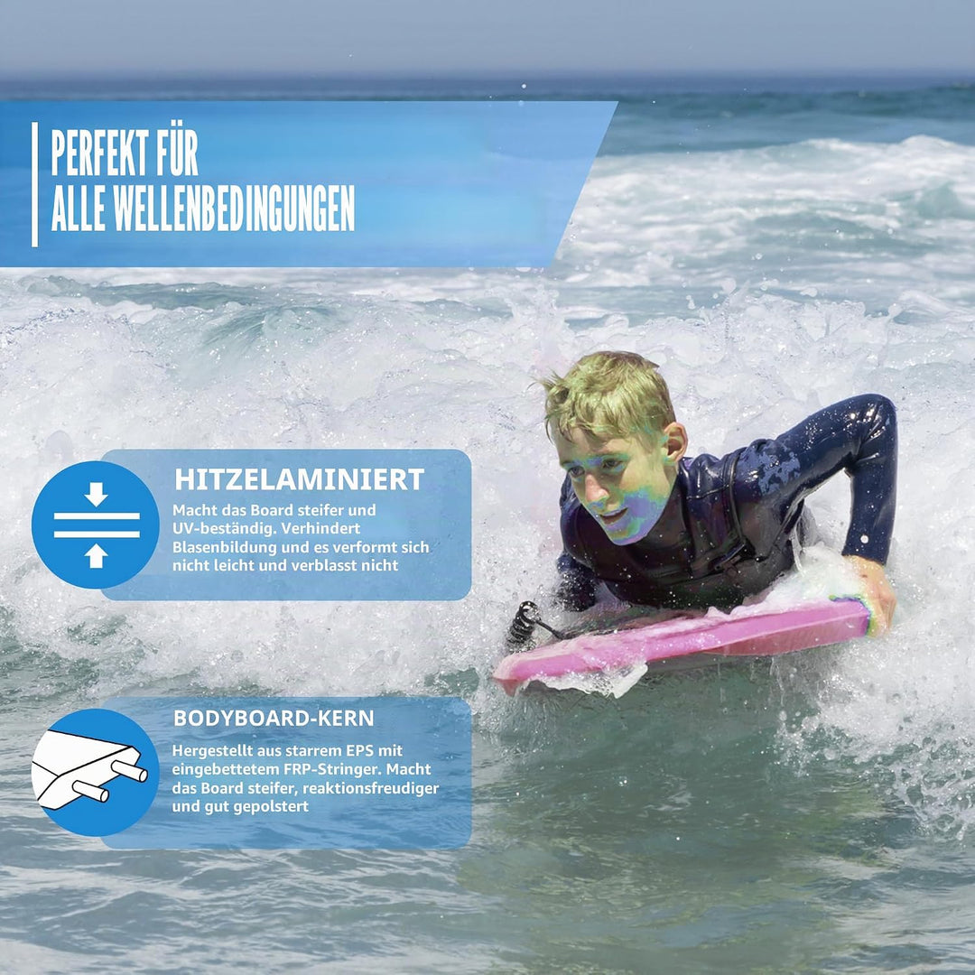Reed Body Board Bodyboard für Strand, Kinder, Leichter EPS-Core, Doppelk, doppeltes Drehgelenk, gewi