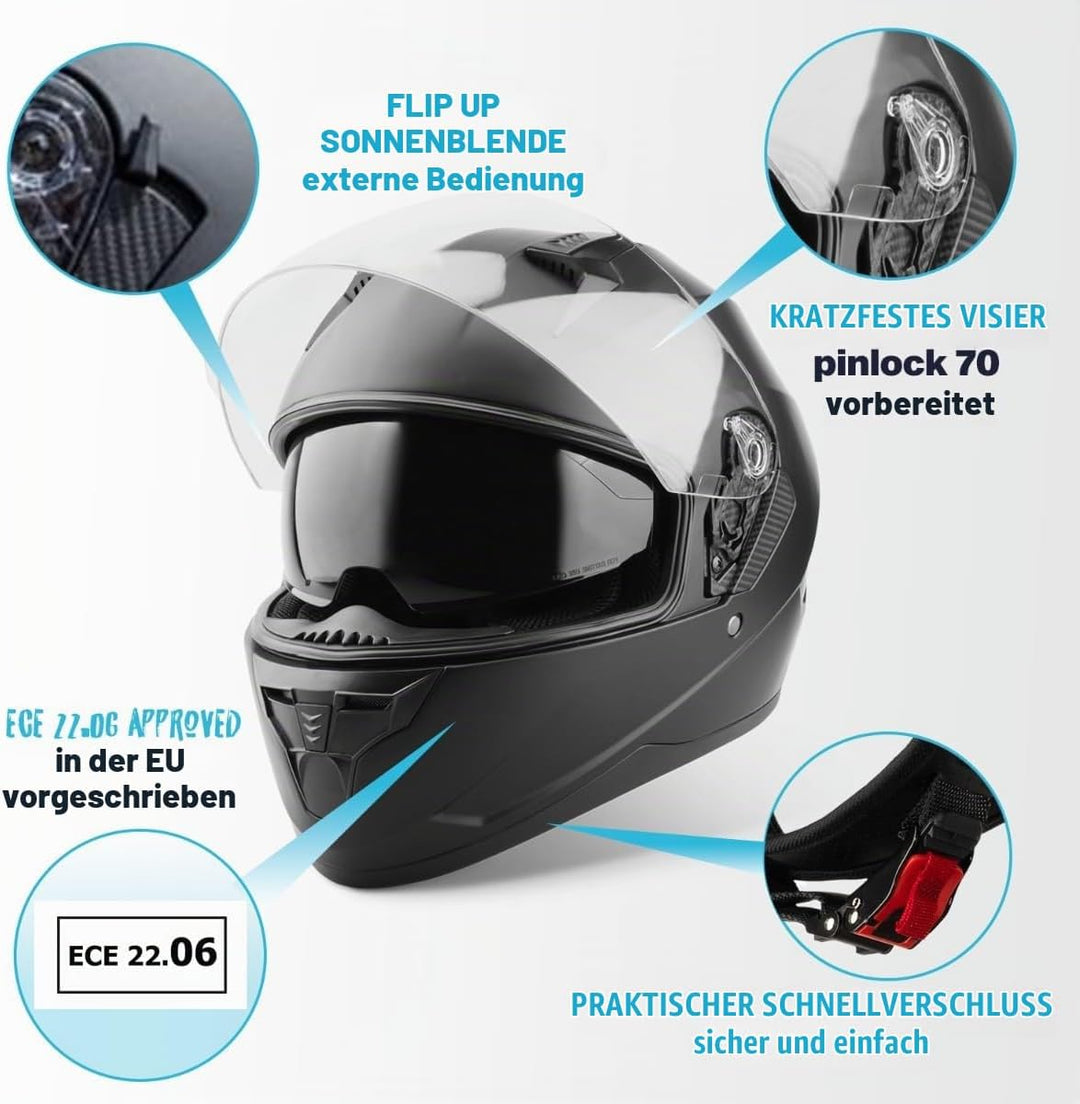 VINZ Kennet Integralhelm mit Sonnenblende | Motorrad Helm Vollvisierhelm Mopedhelm | Motorradhelm Fu