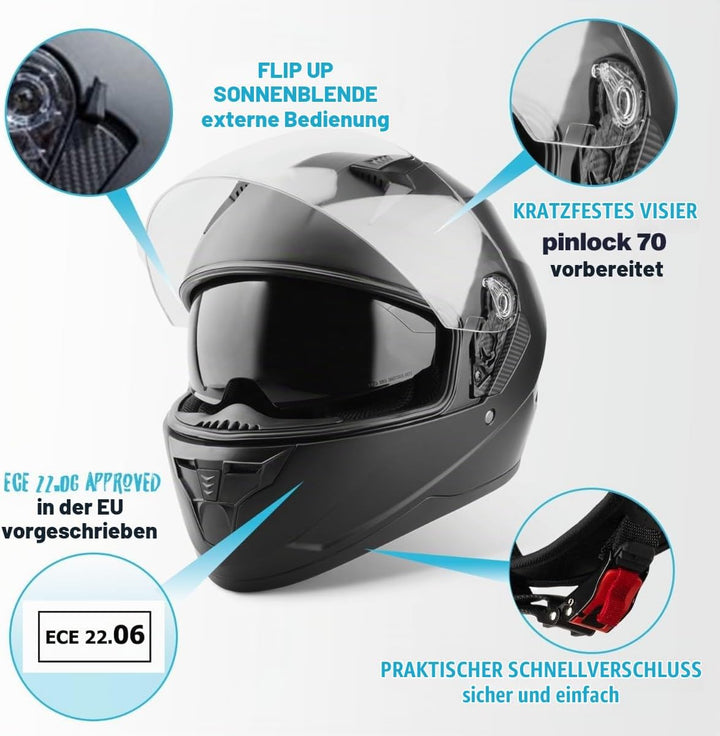VINZ Kennet Integralhelm mit Sonnenblende | Motorrad Helm Vollvisierhelm Mopedhelm | Motorradhelm Fu