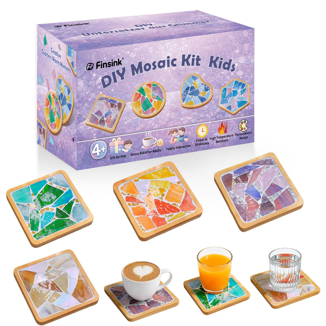 Finsink Mosaik Bastelset Kinder,4 Stück Mosaiksteine Zum Basteln und Holz Untersetzer, Mosaik Bastel