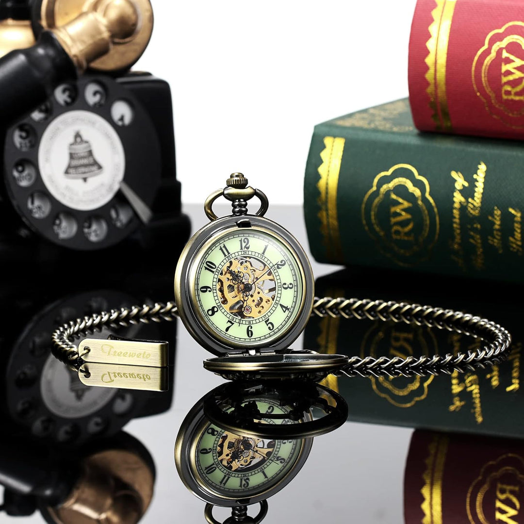 TREEWETO Unisex Taschenuhr Analog Handaufzug Retro Rentier Skelett Römische Taschenuhren mit Kette f