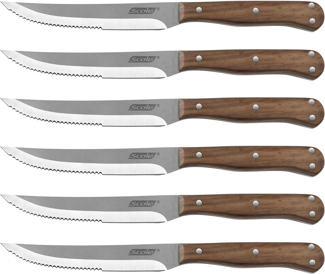 SCOLE® Steakmesser Set 6-teilig, Küchen Steakbesteck Messer set aus Carbon Edelstahl mit Wellenschli