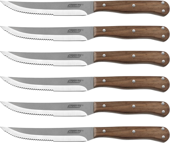 SCOLE® Steakmesser Set 6-teilig, Küchen Steakbesteck Messer set aus Carbon Edelstahl mit Wellenschli